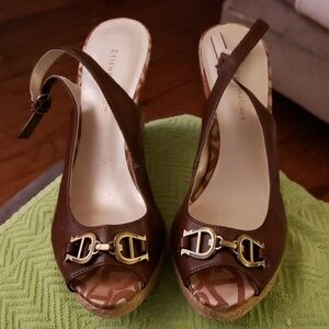 Etienne Aigner LEATHER WOMENS SZ 7.5 BROWN OLEXA WEDGE HEELS WITH METAL ACCENTS